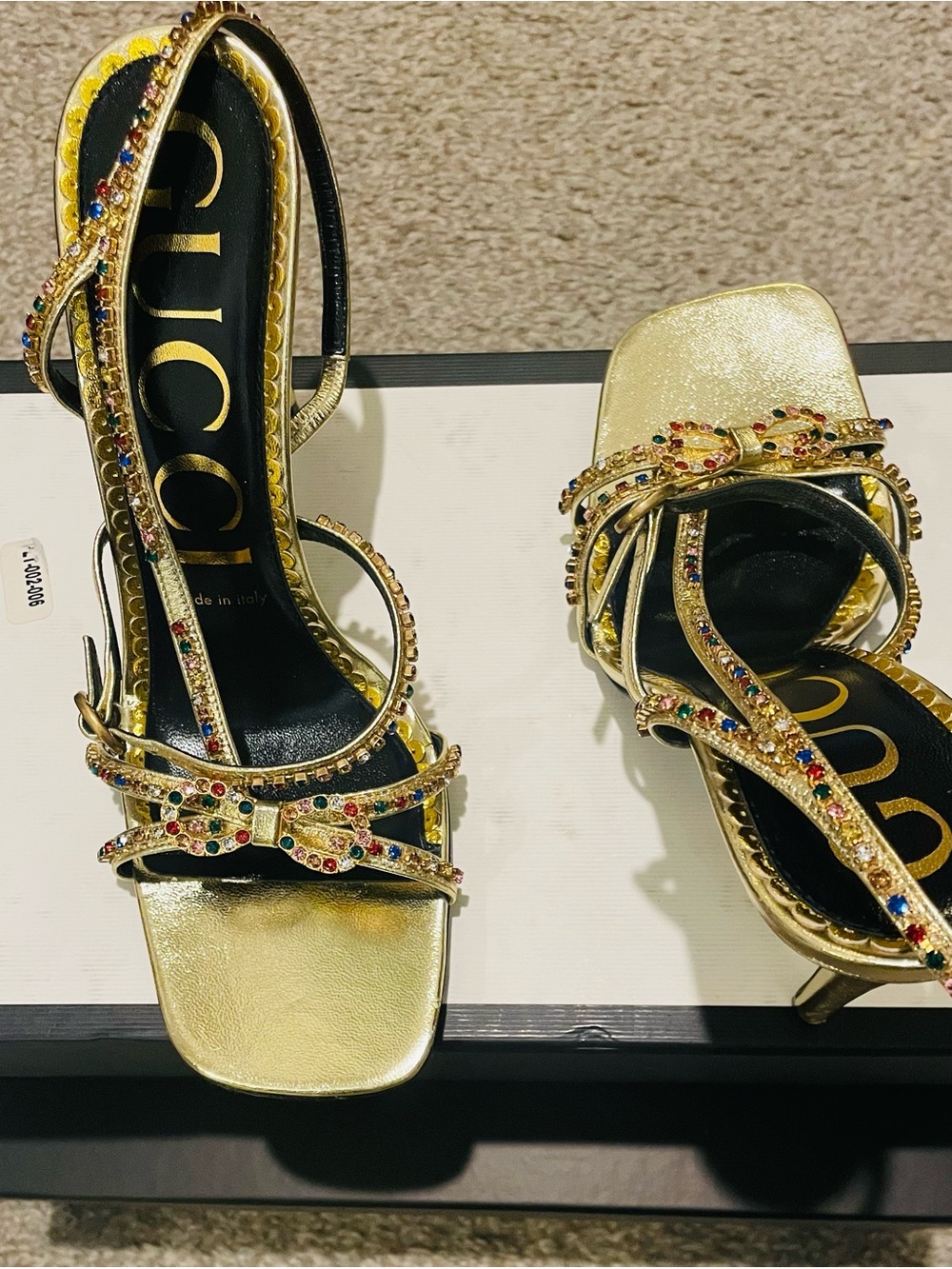 Gucci Gold Jeweled Bow-Strap High Heel Sandals